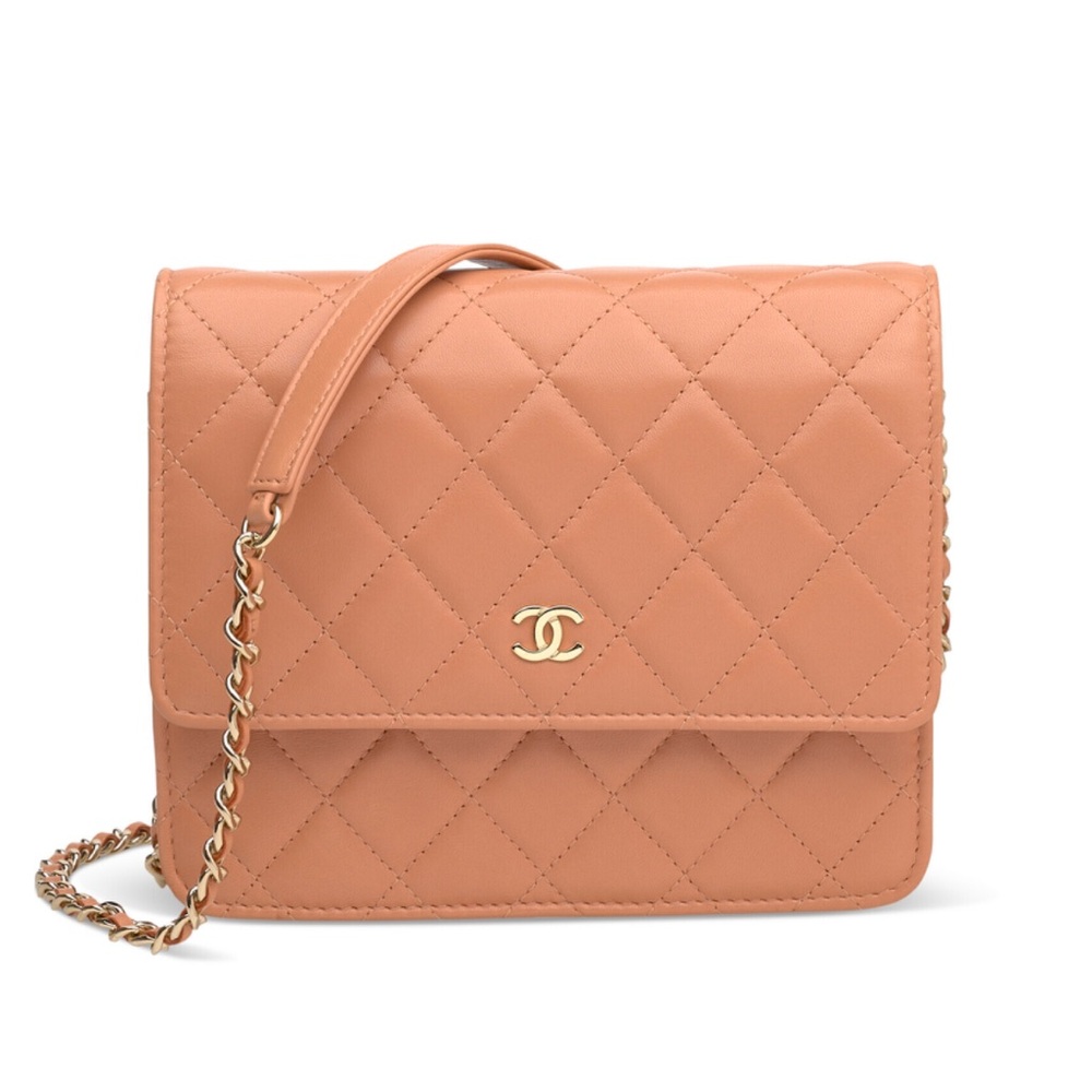 Chanel Quilted Lambskin Wallet on Chain Square Crossbody Bag Pink Biege